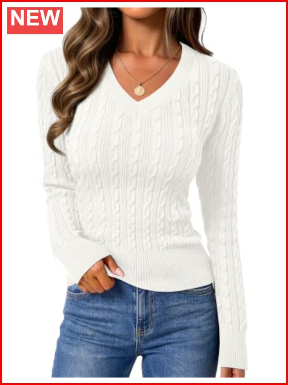 Cable Knit Sweater Womens V Neck Long Sleeve Fitted Pullover Top